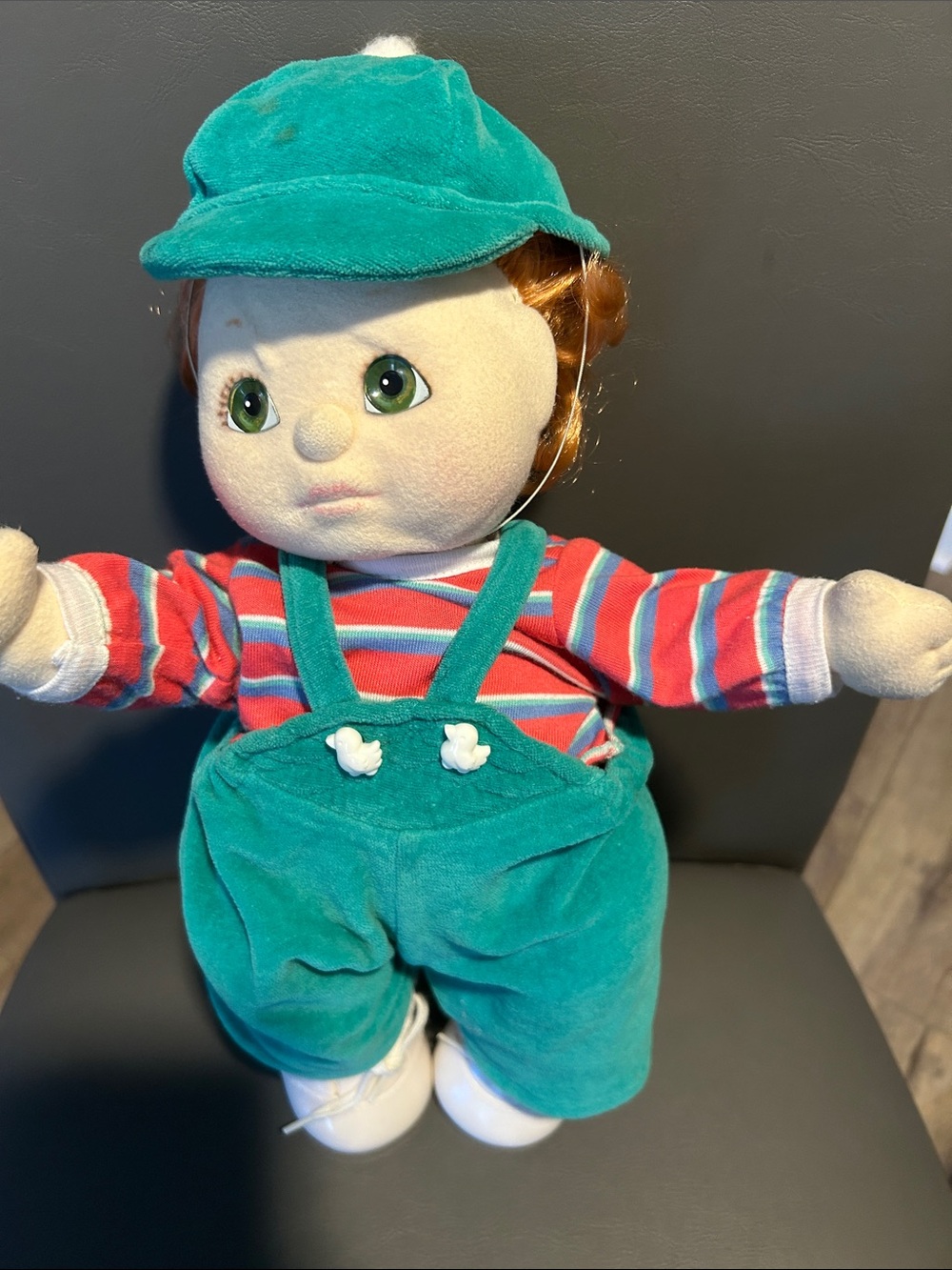 1985  my child, Green Overalls Baby Doll with Striped Shirt